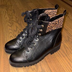 Nine West Black Lace-Up Boots with Leopard Accent